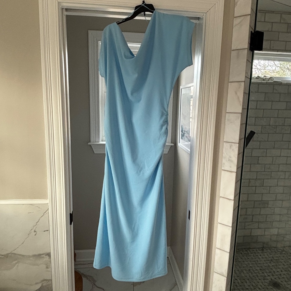 Gibson Latimer blue crepe asymmetric neck midi dress size L - Picture 3 of 5